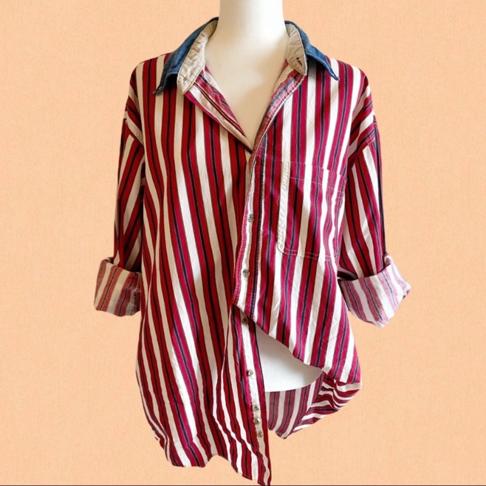 Vintage 90’s wrangler striped shirt denim collar